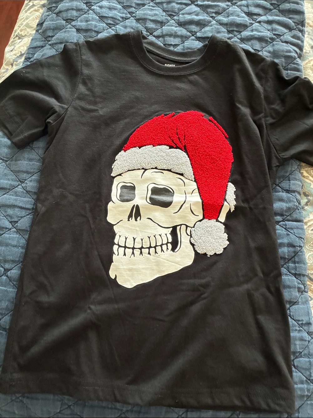 Kids Tee with Textured Red Santa Skull Graphic Christmas Holiday